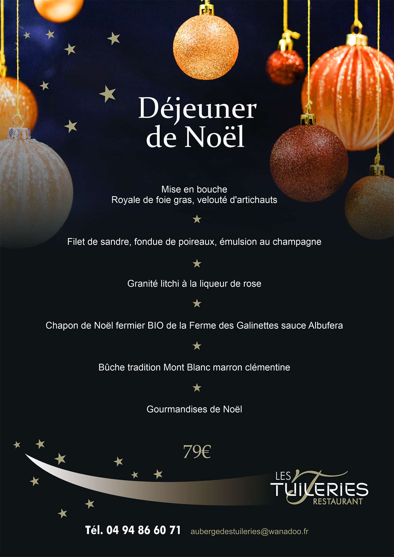 Menu du dejeuner de Noël 2025 à l'Auberge des Tuileries